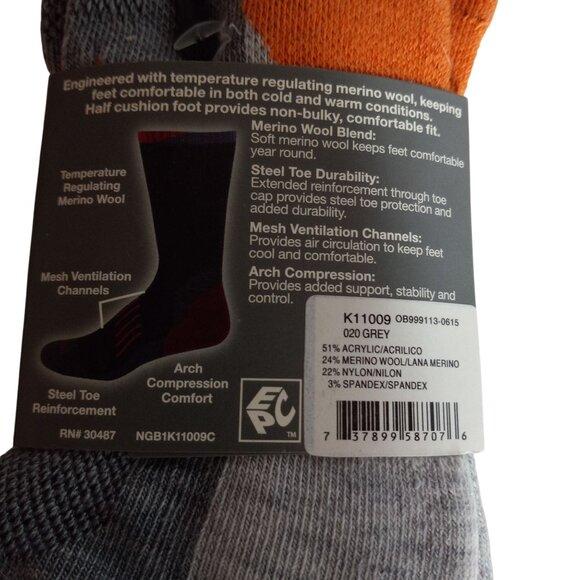 Dickies Size 6-12 Crew Socks Men Steel Toe Merino Wool Blend All Season Gray NEW - Picture 5 of 5